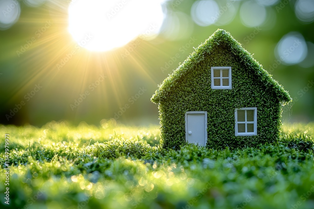 White model house on a green background with sun rays and natural grass, symbolizing green energy and eco-friendly sustainable home building design. White model house on a green background with sun rays and natural grass, symbolizing green energy and eco-friendly sustainable home building design.