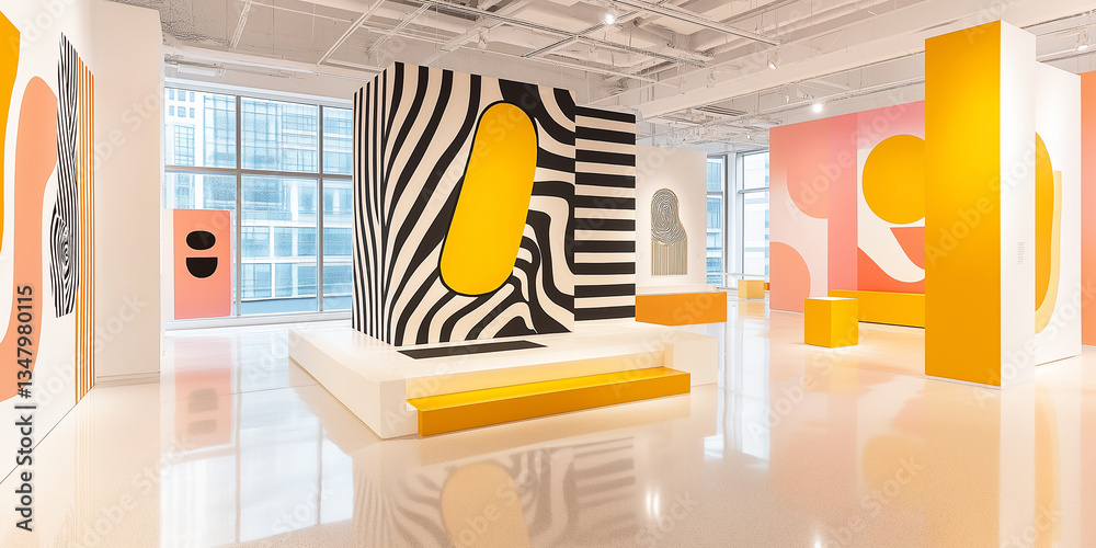 Bold podium clad in black, white, and gold abstract patterns among contemporary art installations