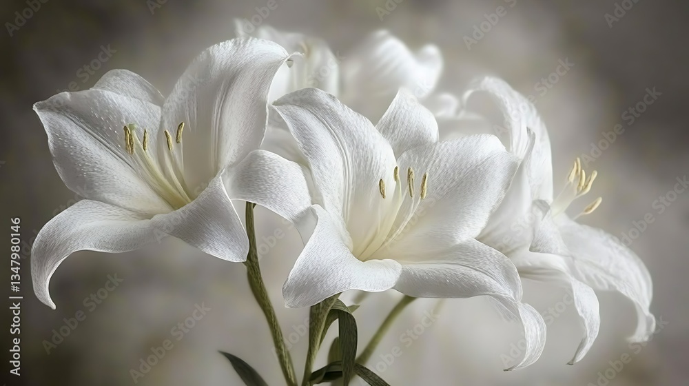 Fototapeta premium Beautiful white lilies are blooming with soft delicate petals and stems