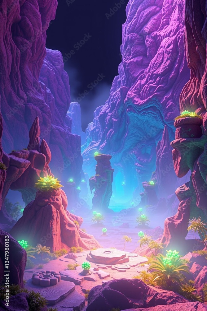 Fototapeta premium Futuristic canyon with glowing plants