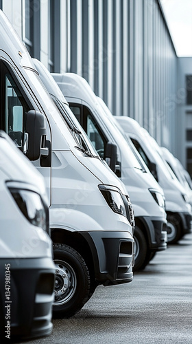 A fleet of white delivery vans parked in a row ready for transportation or shipping services