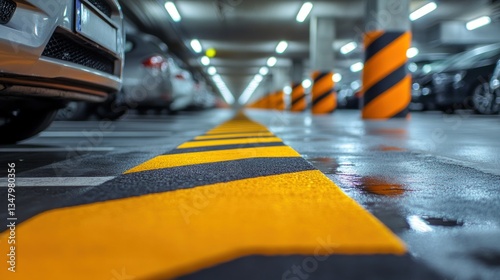 Underground Parking Garage: A Low-Angle View of Safety Stripes and Parked Cars