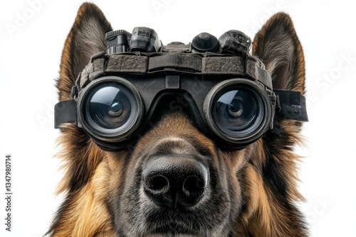 Dog Wearing Tactical Night Vision Goggles with Serious Expression