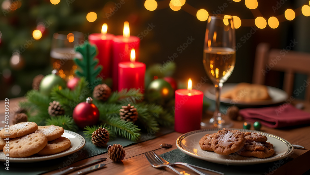 A festive Christmas table with cookies, punch, and decorations. Garlands and lights create a cozy and warm setup for holiday celebrations. A festive Christmas table with cookies, punch, and decorations. Garlands and lights create a cozy and warm setup for holiday celebrations.