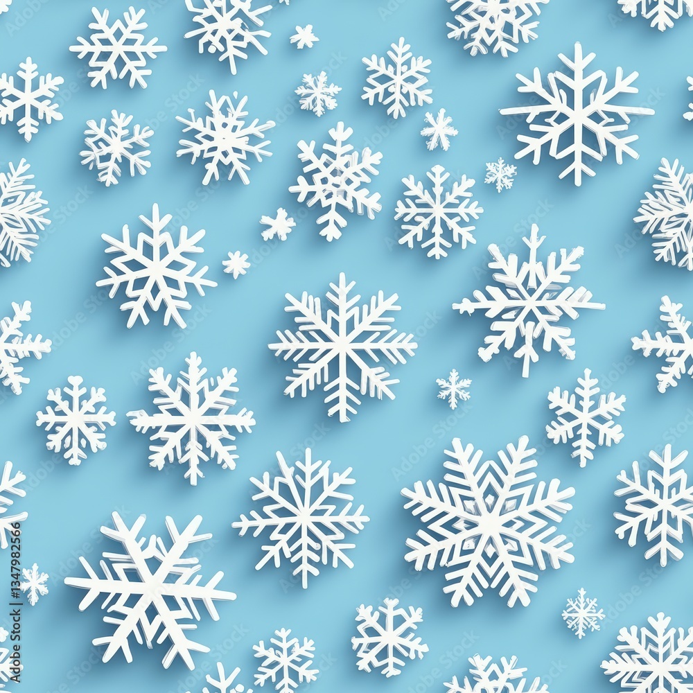 Seamless pattern featu varying sizes of white paper-like snowflakes gracefully scattered over a soft light blue background for winter designs Seamless pattern featu varying sizes of white paper-like snowflakes gracefully scattered over a soft light blue background for winter designs