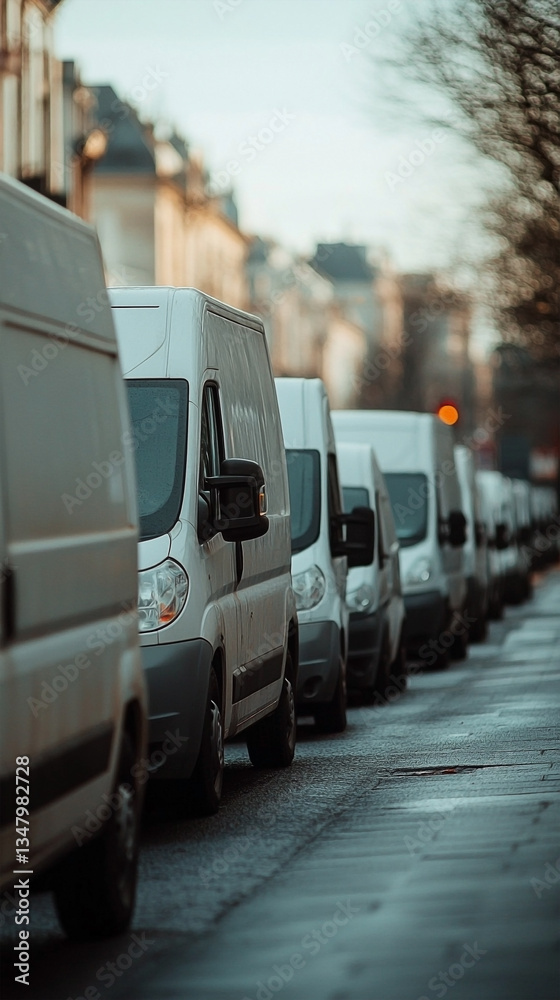 Row of delivery vans parked along a city street with buildings and bare trees in the background Row of delivery vans parked along a city street with buildings and bare trees in the background