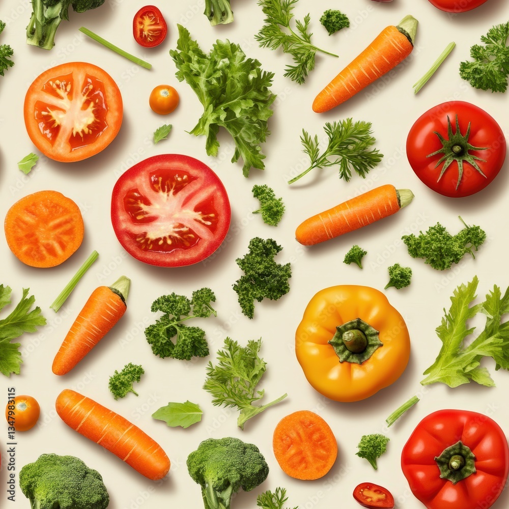 A Colorful and Fresh Repeating Pattern of Vegetables Including Tomatoes, Carrots, Bell Peppers, Broccoli Florets, and Various Herbs on Light Beige Background A Colorful and Fresh Repeating Pattern of Vegetables Including Tomatoes, Carrots, Bell Peppers, Broccoli Florets, and Various Herbs on Light Beige Background