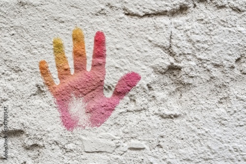 Colorful Handprint Art on Textured White Wall Background