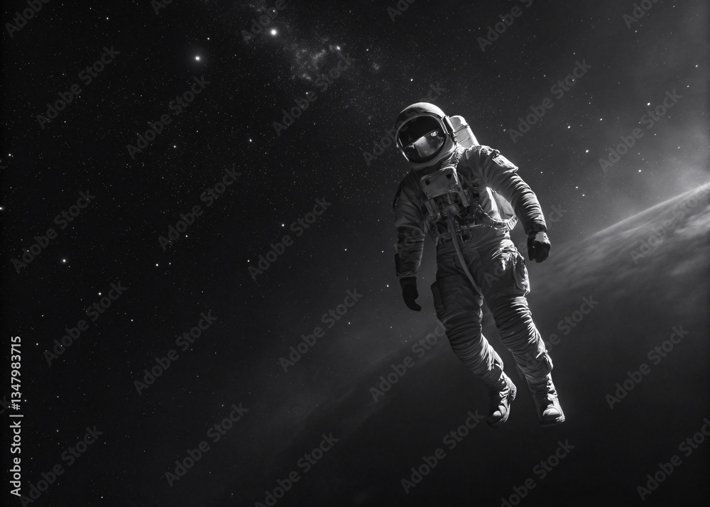 Fototapeta premium An astronaut floating in space in black and white photography in blak backgraund