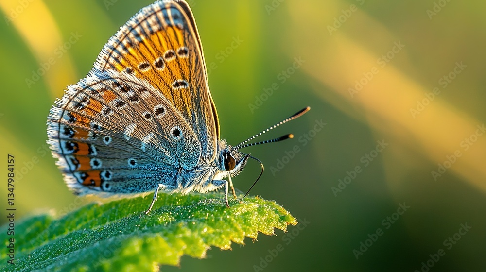 Fototapeta premium A colorful butterfly rests on a green leaf in sunlight