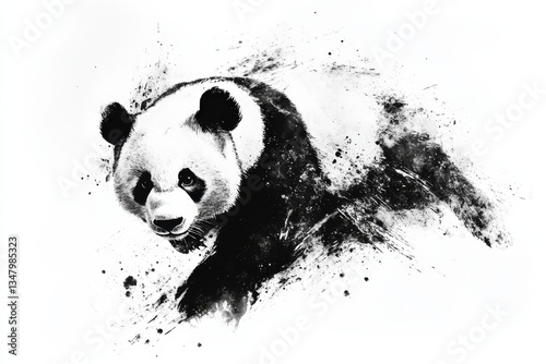 Dynamic Black and White Illustration of a Running Panda in Motion