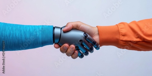 A human hand shakes a robotic hand, symbolizing the collaboration between technology and leadership in the modern world.
