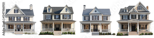 Four Charming Farmhouse Style Homes Exterior Designs Isolated on transparent Background