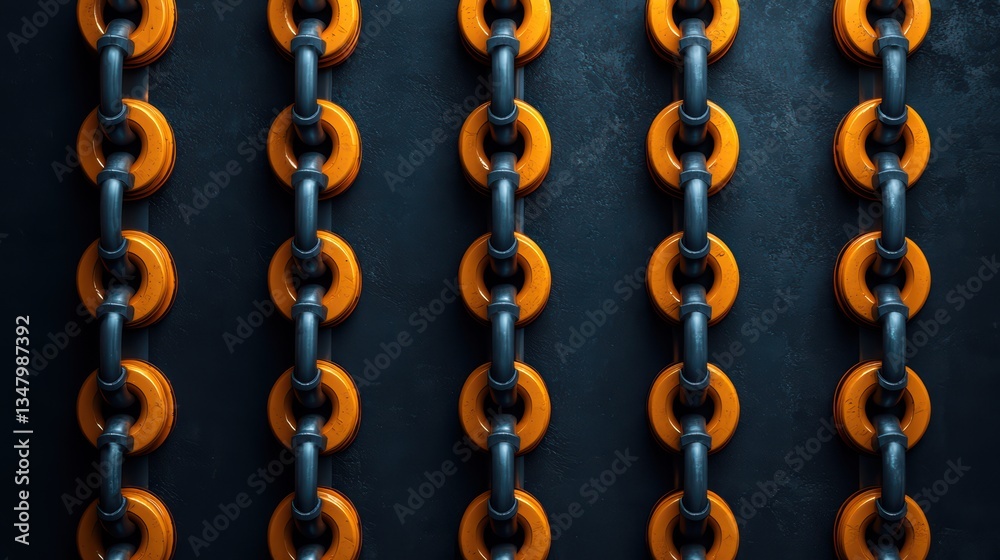 Fototapeta premium Industrial close-up of interlinked chains with orange accents