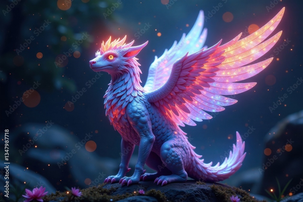 Fototapeta premium Winged creature with iridescent feathers and glowing aura, creatures, magic, mythical