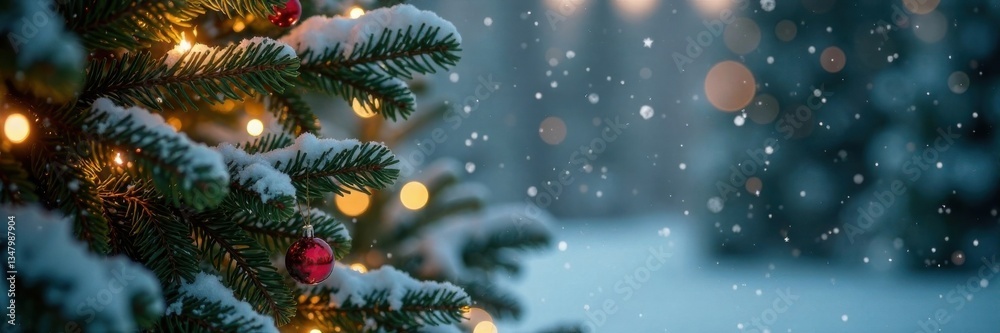 Winter snowflakes falling gently on a Christmas tree background, winter scene, snowfall, holiday cheer