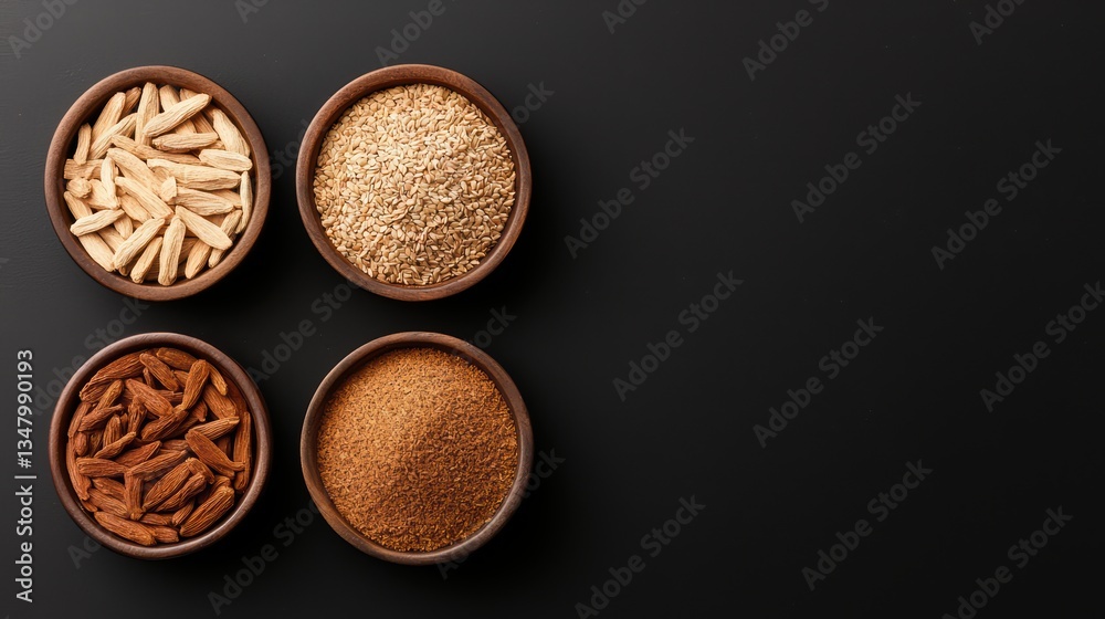 Assorted nuts and seeds in wooden bowls on a dark surface Assorted nuts and seeds in wooden bowls on a dark surface