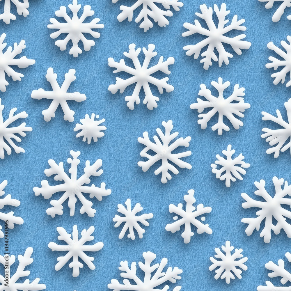 A repeating pattern featu three-dimensional white snowflakes of varying sizes on a solid light-blue background perfect for winter-themed designs. A repeating pattern featu three-dimensional white snowflakes of varying sizes on a solid light-blue background perfect for winter-themed designs.