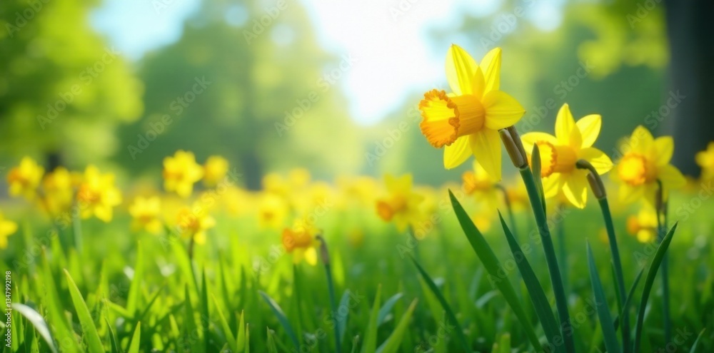 Obraz premium Vibrant yellow daffodil blooms in lush green meadow under clear blue sky with gentle sunlight filtering through leaves , nature, garden