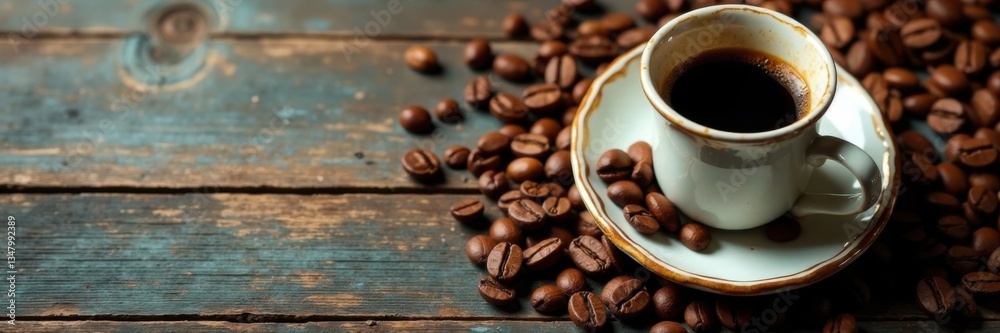 Fototapeta premium Vintage coffee beans and empty espresso cup on a distressed wooden table, vintage table, coffee beans
