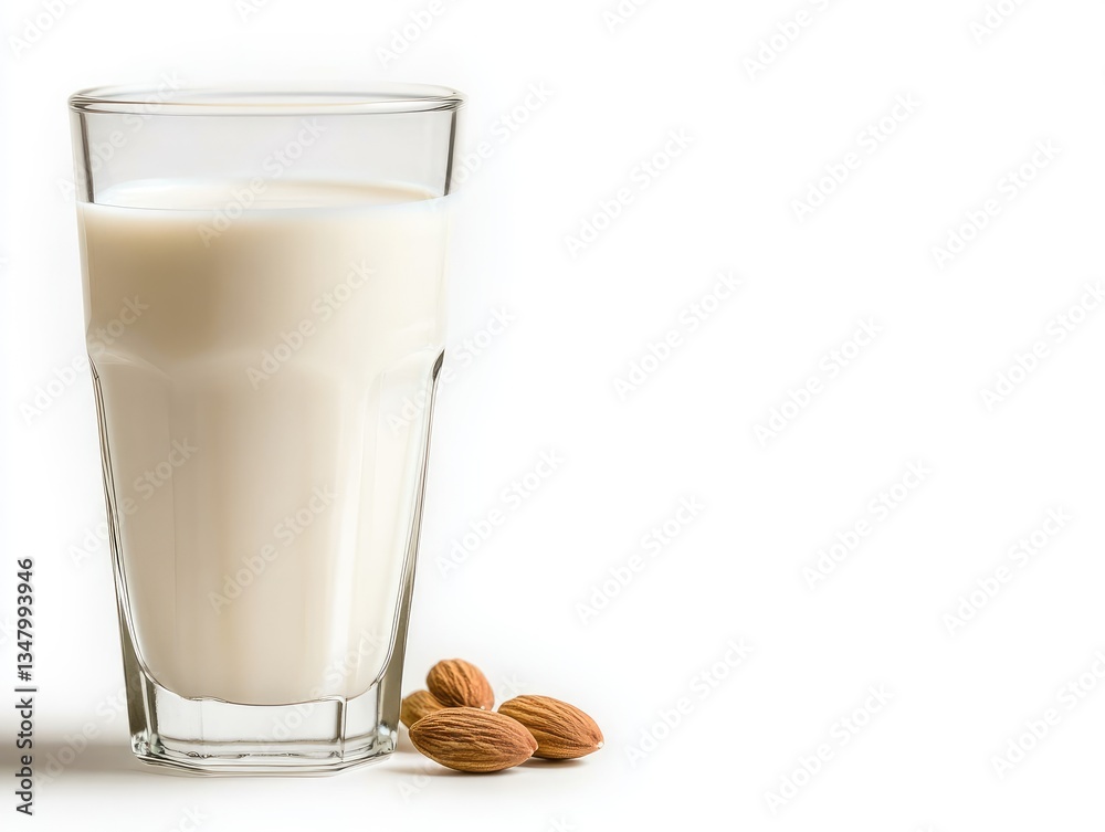 Almond milk in glass, healthy drink, studio shot Almond milk in glass, healthy drink, studio shot