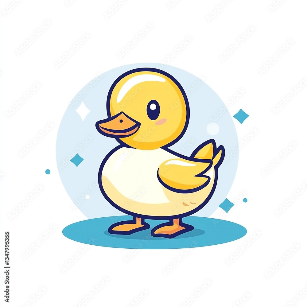 Cute minimalist yellow duckling icon with sparkles on a light blue circle background Cute minimalist yellow duckling icon with sparkles on a light blue circle background