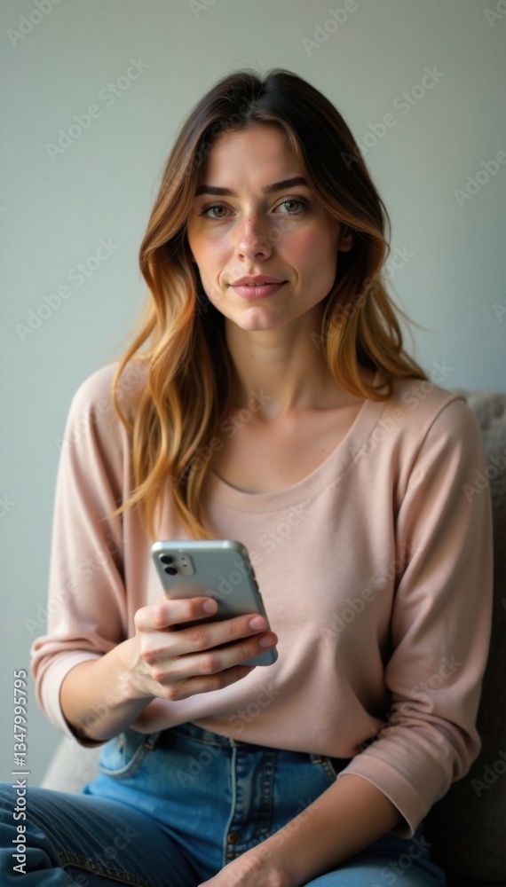 Woman sitting, holding blank mobile phone with calm expression, focus, phone Woman sitting, holding blank mobile phone with calm expression, focus, phone