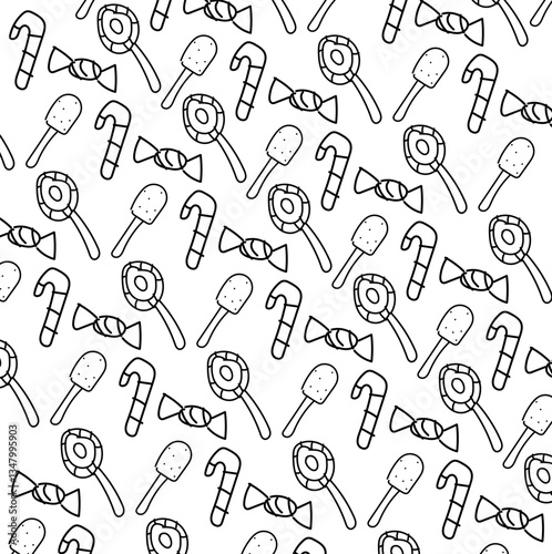 The food background consists of repeating cartoon-style lollipops and candies.