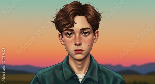 Digital portrait illustration of young boy with freckles, sunset background, concept for youth and serenity.