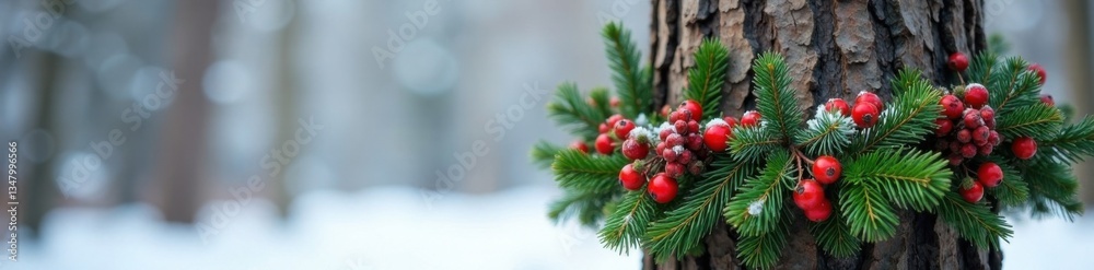 Wreath made of evergreen branches and red berries on a snow-covered tree trunk, winter, holly Wreath made of evergreen branches and red berries on a snow-covered tree trunk, winter, holly