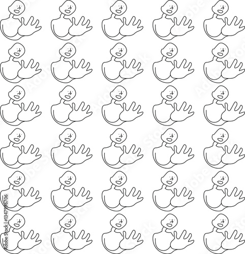 A primitive man or character with a large hand is repeated to form the background.
