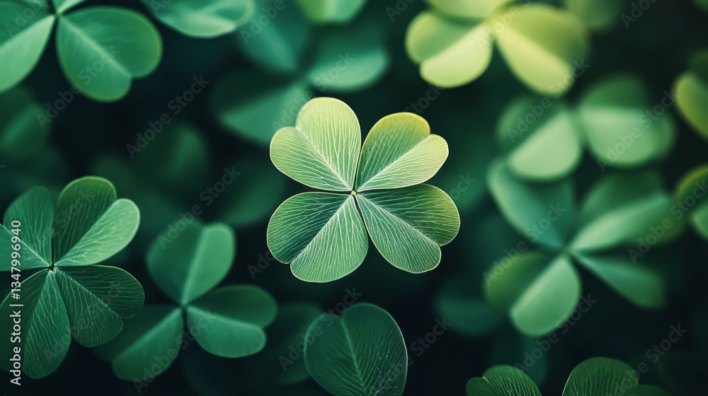 A single four leaf clover among many three leaf clovers A single four leaf clover among many three leaf clovers