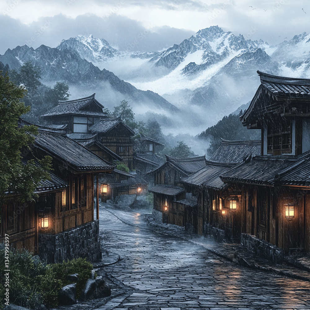 Fototapeta premium Enchanted Mountain Village at Dusk