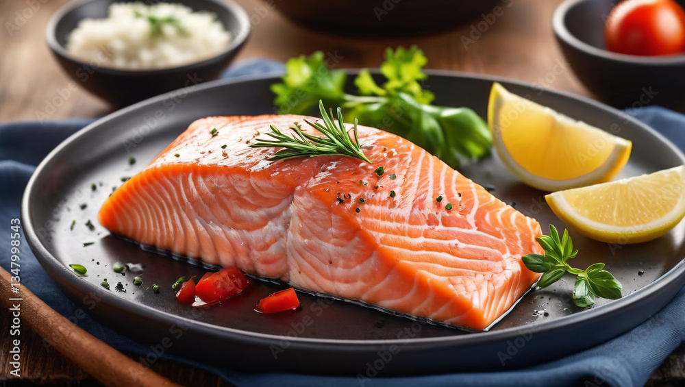 Fried roasted freshly cooked salmon with vegeetables served on a plate. Simple food concept with tomatoes, parsley, garnish, lemon. Fried roasted freshly cooked salmon with vegeetables served on a plate. Simple food concept with tomatoes, parsley, garnish, lemon.