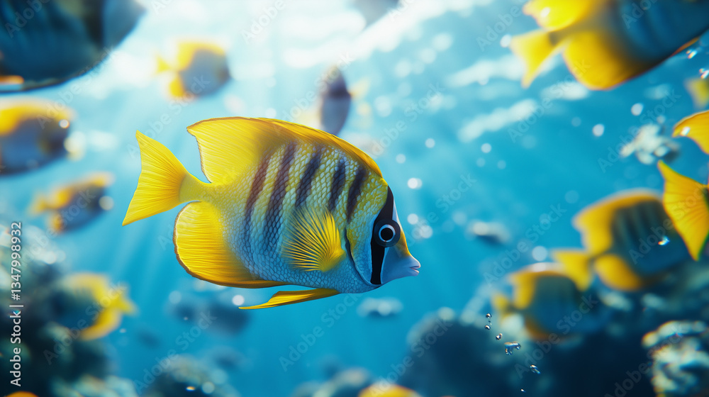 Naklejka premium A colorful fish swims in a tank with other fis