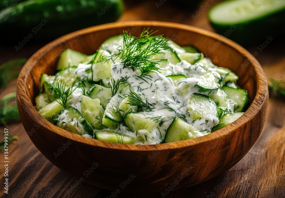 Fresh Cucumber Salad with Creamy Dill Dressing in Rustic Wooden Bowl Surrounded by Fresh Cucumbers on Wooden Table Fresh Cucumber Salad with Creamy Dill Dressing in Rustic Wooden Bowl Surrounded by Fresh Cucumbers on Wooden Table
