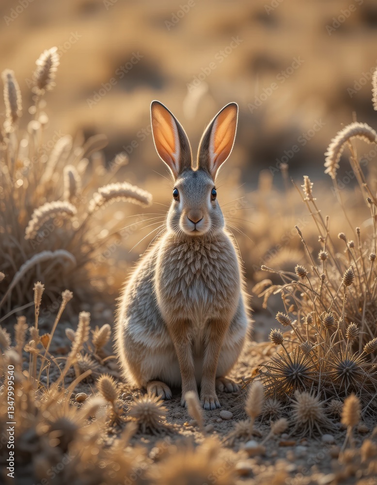 Fototapeta premium A cute African rabbit in the middle of a meadow in a bright afternoon.