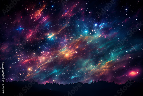ethereal splendor of a moonlit sky stretching over a colorful panorama, where celestial orbs radiate with resplendence and vastness of universe seems palpable