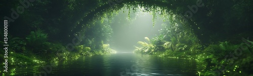 A serene forest scene featuring a misty river surrounded by lush greenery and hanging vines, creating a tranquil and magical atmosphere.