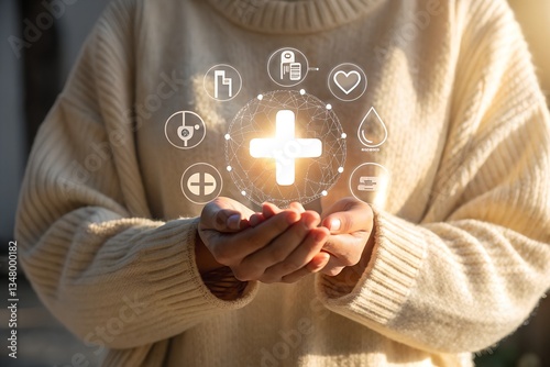 Woman hand holding plus icon for the healthcare medical icon. Health insurance health concept. access to welfare health and copy space,
