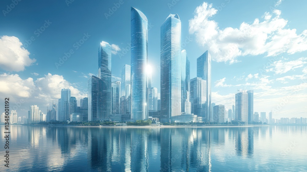 Fototapeta premium Stunning Skyline Reflection: Modern Cityscape at Sunrise