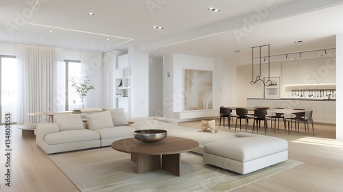 Spacious modern living dining area seamless blend of furniture bright airy space soft neutral colors white background