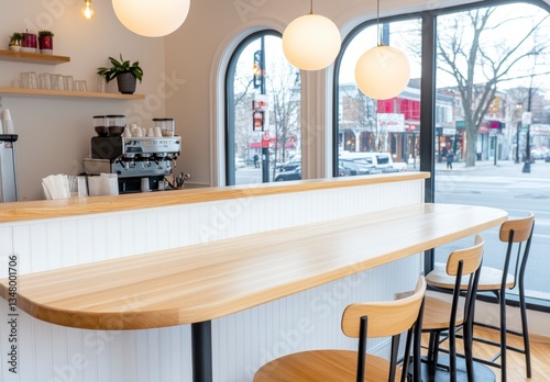 Light wood cafe counter with three chairs, bright interior, and a view of a street scene through large windows.