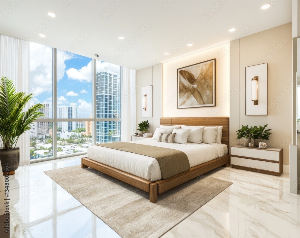 Fototapeta premium Modern bedroom with large windows overlooking a city skyline view