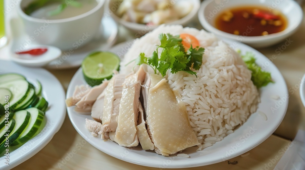 An inviting plate of Hainanese chicken is presented. The Hainanese chicken features tender, poached chicken pieces that are carefully prepared to maintain their juiciness. The chicken has a smooth and An inviting plate of Hainanese chicken is presented. The Hainanese chicken features tender, poached chicken pieces that are carefully prepared to maintain their juiciness. The chicken has a smooth and