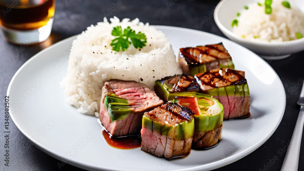 Fresh tasty cooked rice with grilled steak, lemon, sauce, and broccoli. Healthy appetizing meal. Delicious seasoned steak dinner meal food.