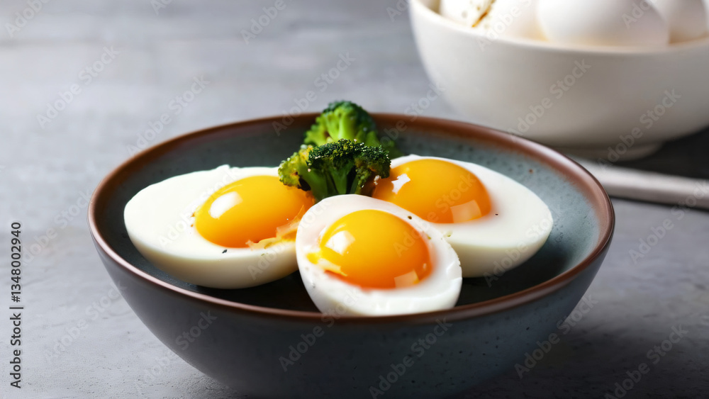 Bowl of eggs with vegetables, cucumber slices, tomatoes, broccoli, onions, and zucchini. Copy space for text. For banner, menu, restaurants, advertisements, flyers. Close up view of vegetables Bowl of eggs with vegetables, cucumber slices, tomatoes, broccoli, onions, and zucchini. Copy space for text. For banner, menu, restaurants, advertisements, flyers. Close up view of vegetables