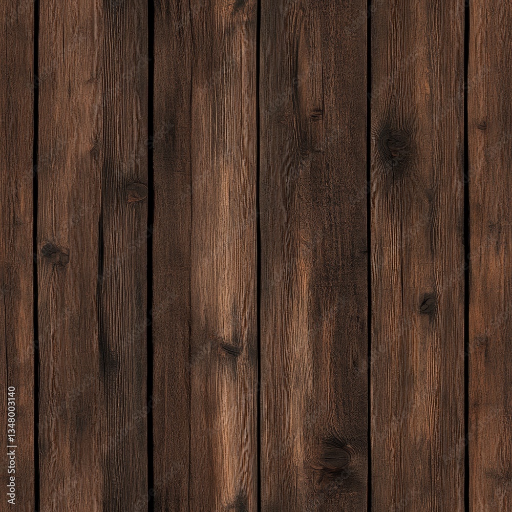 Naklejka premium Close-up view of dark brown wood planks wall or floor displaying distinct vertical parallel planks highlighting rich wood grain texture and patterns