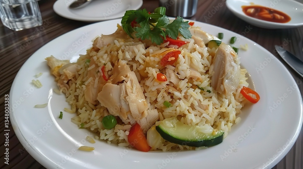 An inviting plate of Hainanese chicken is presented. The Hainanese chicken features tender, poached chicken pieces that are carefully prepared to maintain their juiciness. The chicken has a smooth and An inviting plate of Hainanese chicken is presented. The Hainanese chicken features tender, poached chicken pieces that are carefully prepared to maintain their juiciness. The chicken has a smooth and