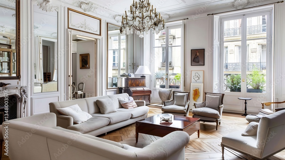 Fototapeta premium Stylish Parisian loft living room chic neutral color artistic decor classic wood floors elegant chandelier white isolated background